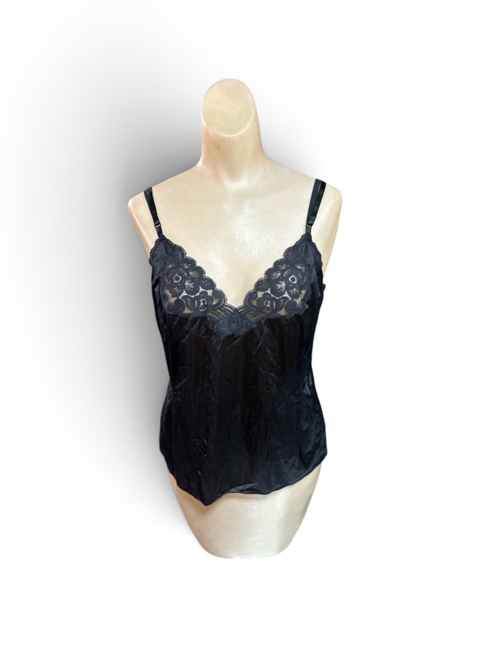 Vintage 1970s Vanity Fair Black Nylon Lace Chemise Camisole Slip Top Size 38